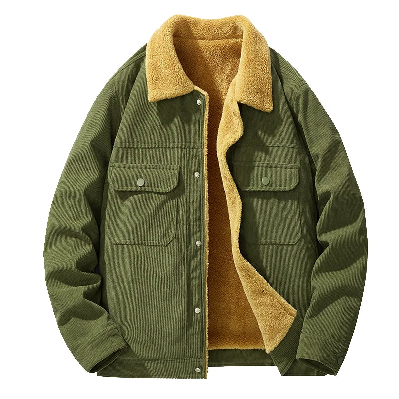 Men's relaxed fit corduroy jacket with fleece lining, button front, chest pockets, casual winter style