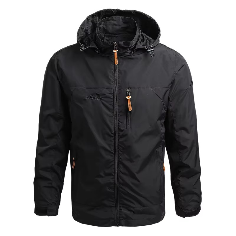 Men's tactical waterproof windbreaker jacket with hood, lightweight weather-ready shell for outdoor sports