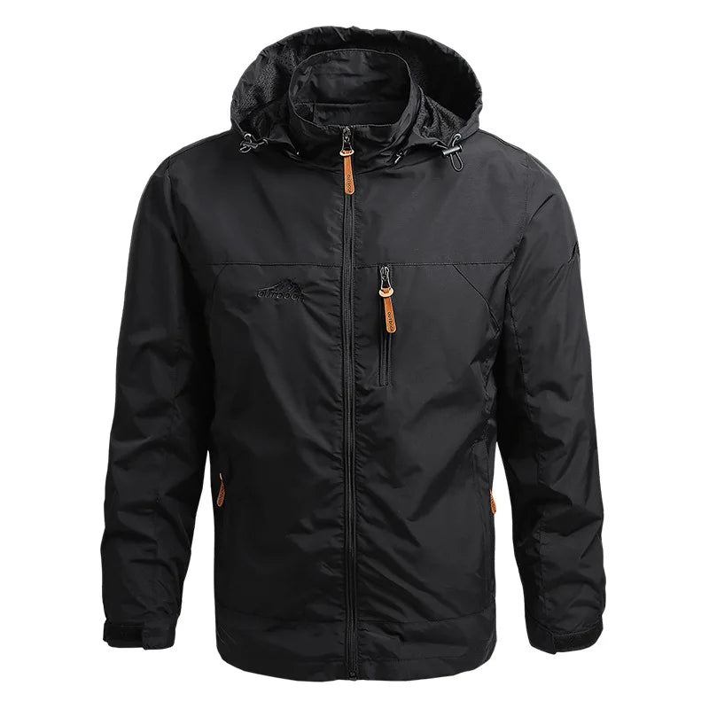 Men's hooded rain jacket breathable water-repellent softshell in neutral tone for outdoor adventures