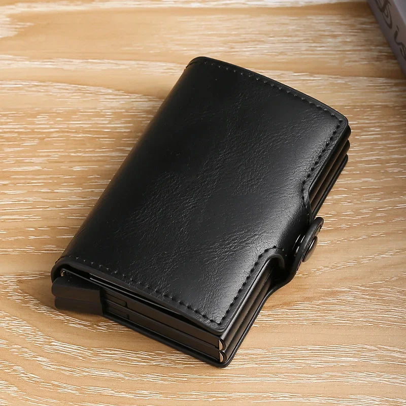 TitanGuard slim RFID-blocking leather wallet carbon fiber exterior double-layer card storage