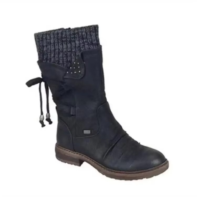 Women's brown faux suede mid-calf winter boots with warm fleece lining and slip-resistant sole