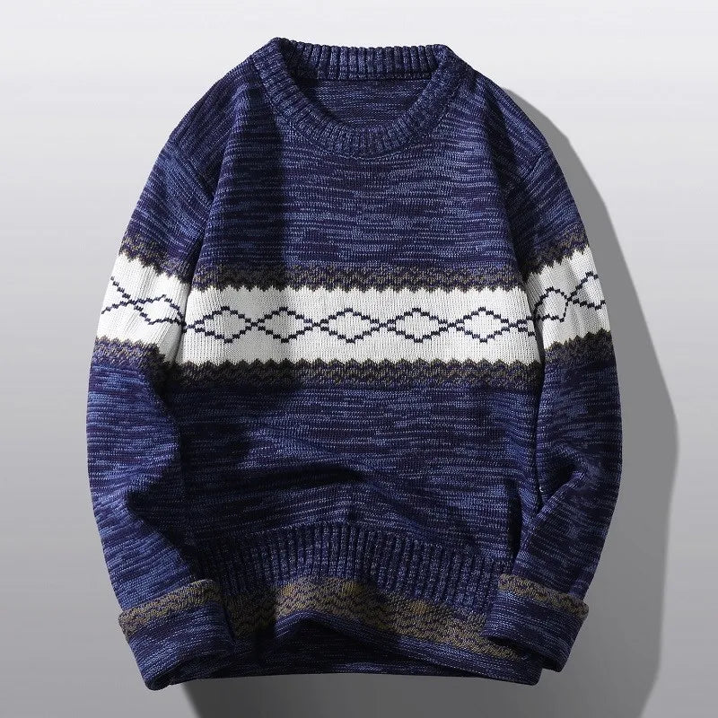 Nordic knit sweater with bold chest stripe, cream and navy, classic heritage winter style