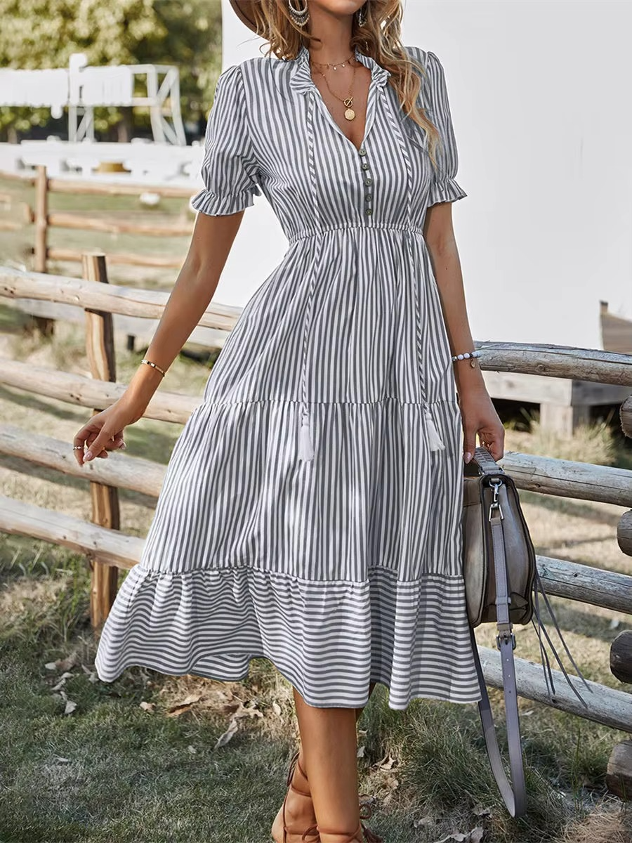 Striped V-neck midi dress with short sleeves and tassel details, effortless summer style