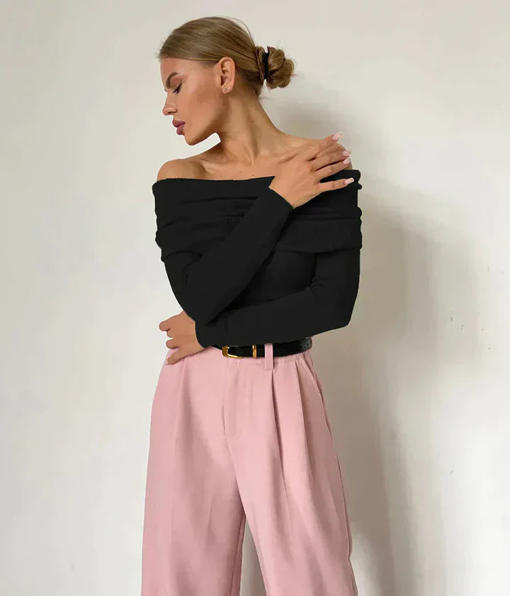 Women's off-shoulder ribbed knit fitted sweatshirt top in neutral tone, long sleeve everyday chic style