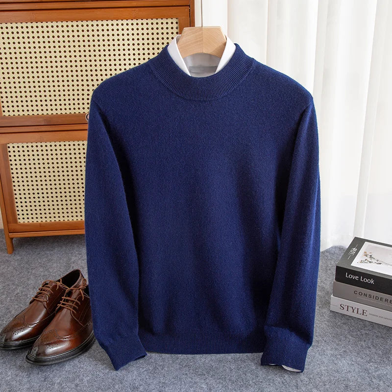 Men's charcoal wool sweater with half-high collar, slim-fit knit layering essential soft warm