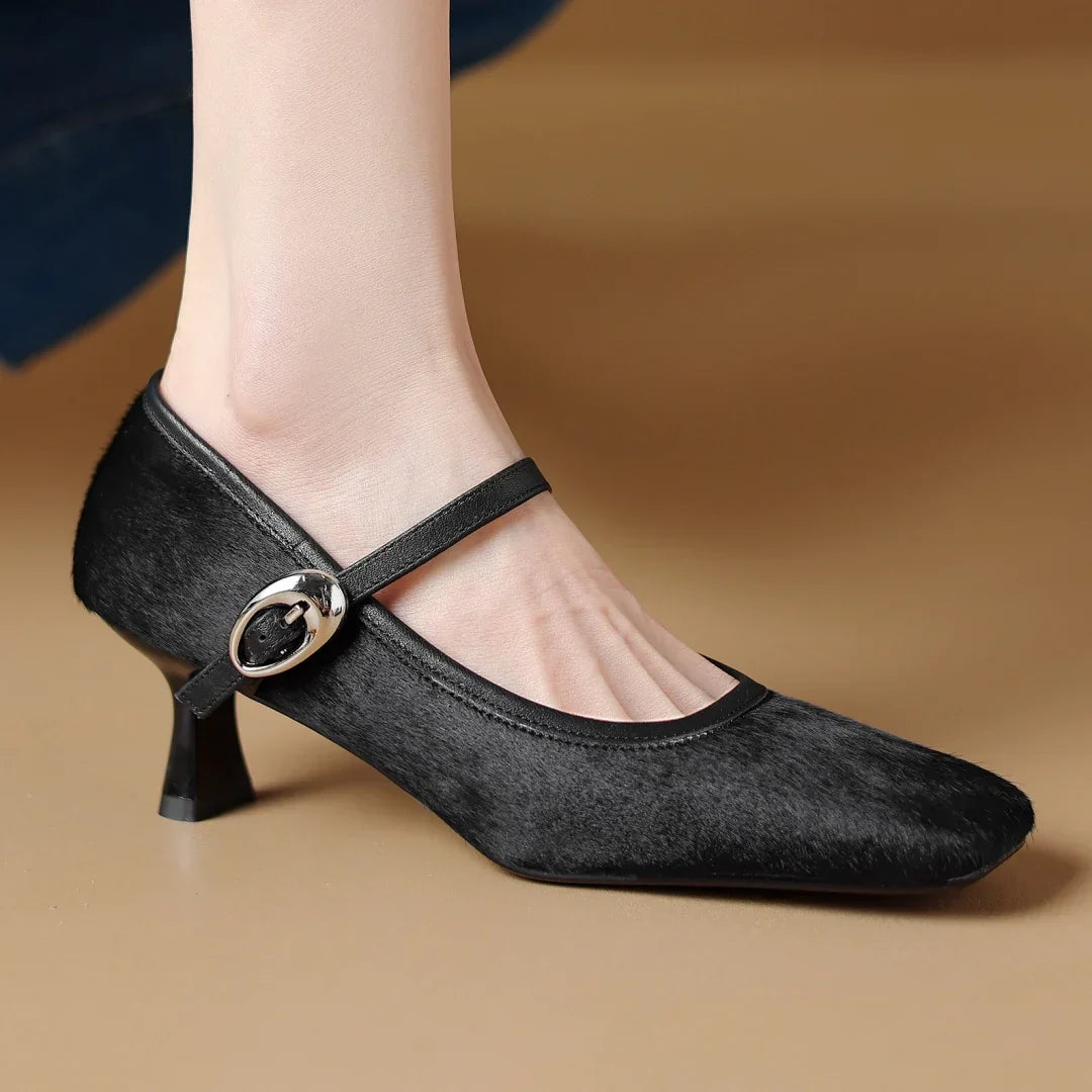 Women's velvet horsehair Mary Jane square toe mules with leather insole, timeless luxury silhouette