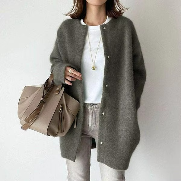Women's vintage brown knit cardigan single-breasted O-neck cozy autumn layering piece