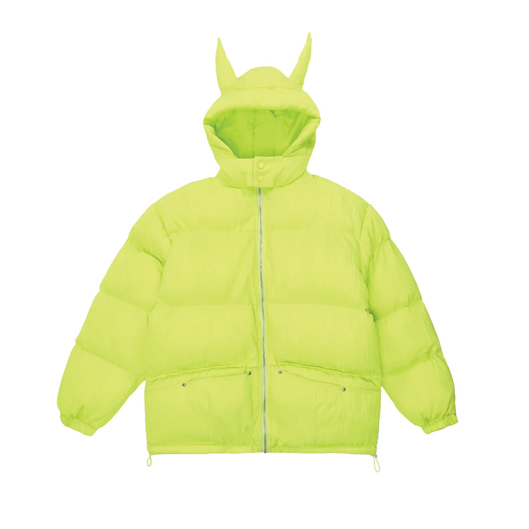 Black horned hooded puffer coat thick padded insulation with secure face guard cold weather