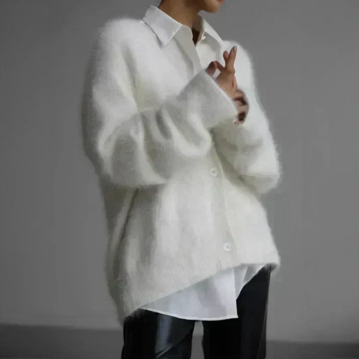 Women's fuzzy knit button cardigan relaxed fit deep V-neck plush soft lightweight layering essential