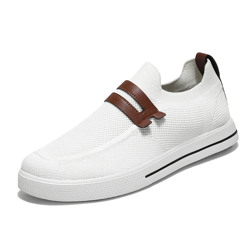 Men's slip-on knit mesh shoes in neutral tones, lightweight breathable design with cushioned EVA foam sole