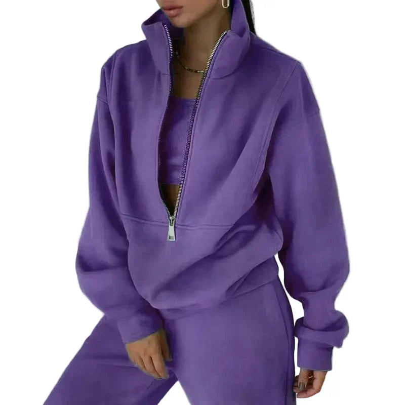 Women's two-piece tracksuit set stand-up collar zip loose fit sporty athleisure casual style