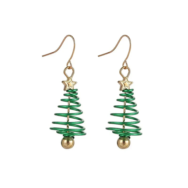 Festive Christmas tree drop earrings in gold non-tarnish metal with sparkling holiday design