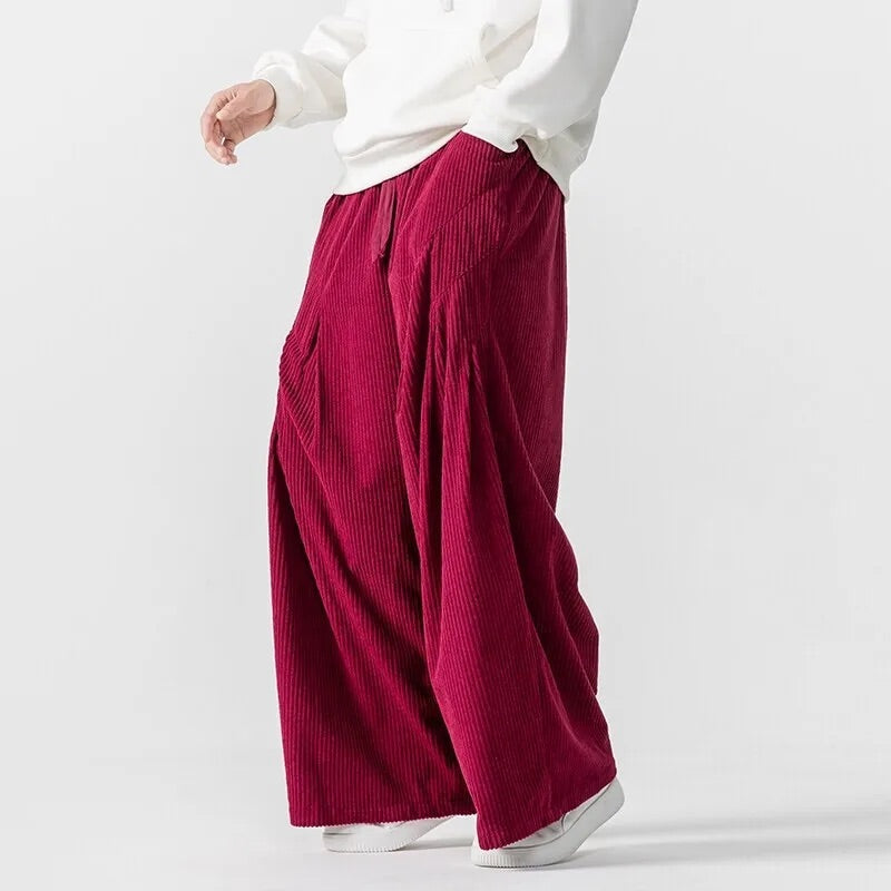 Men's wide leg ribbed drawstring pants casual comfort breathable fabric relaxed fit full-length