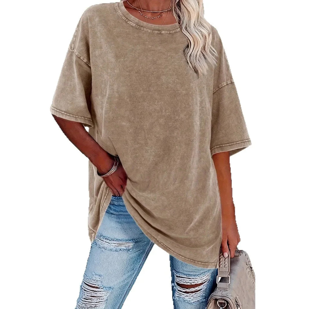 Women's oversized white cotton t-shirt relaxed fit breathable round neckline summer tee