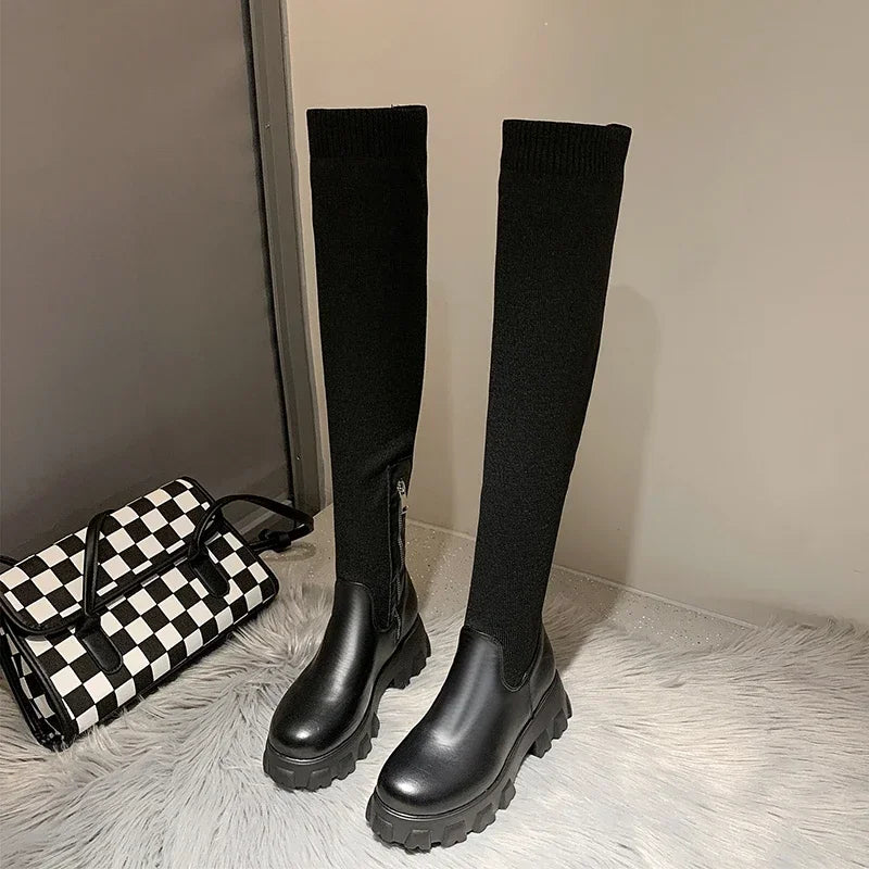 Women's black knee-high boots chunky sole street style bold silhouette all-day comfort