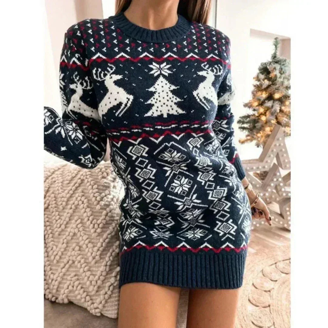 Women's red Christmas knit dress with festive reindeer print, cozy comfort fit warm holiday style