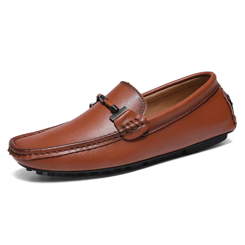 Men's brown premium cowhide leather slip-on loafer with polished classic silhouette