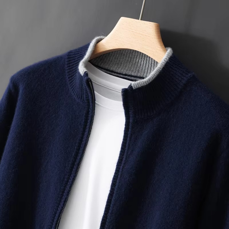 Men's pure cashmere zip cardigan relaxed fit casual knit layer in neutral tone luxurious warmth