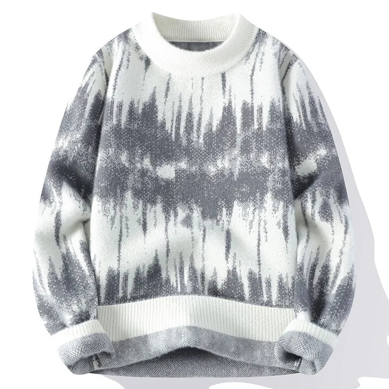 Women's abstract gradient knit sweater, soft warm ribbed crewneck with structured cuffs