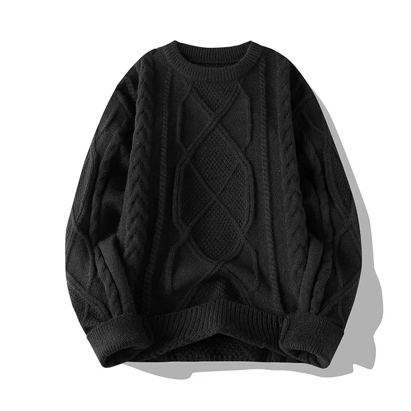Men's cream relaxed fit cable knit wool sweater with classic textured pattern for cozy warmth