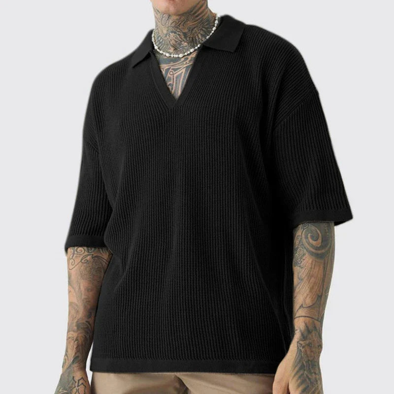 Men's relaxed fit waffle knit polo shirt deep V-neck organic cotton casual smart style