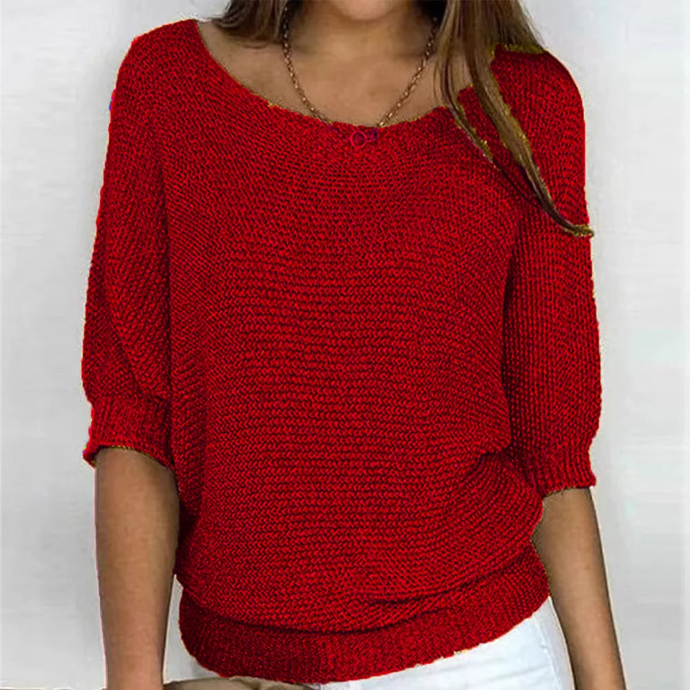 Women's loose fit round neck knit sweater three-quarter sleeves soft cozy everyday essential