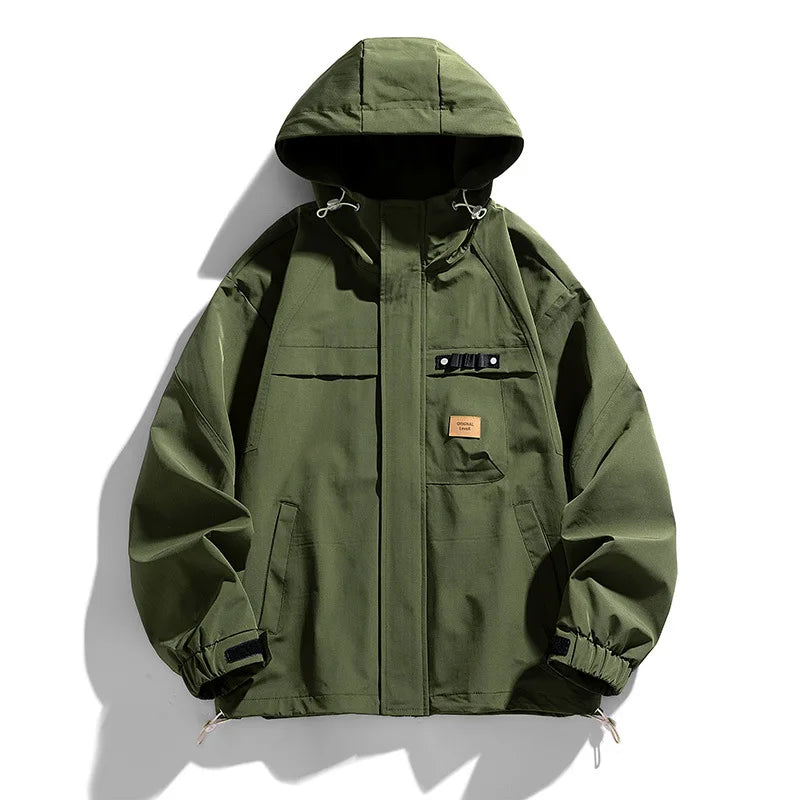 Delta Ridge waterproof jacket olive green slim-fit poly blend hood with adjustable waist multi-pocket
