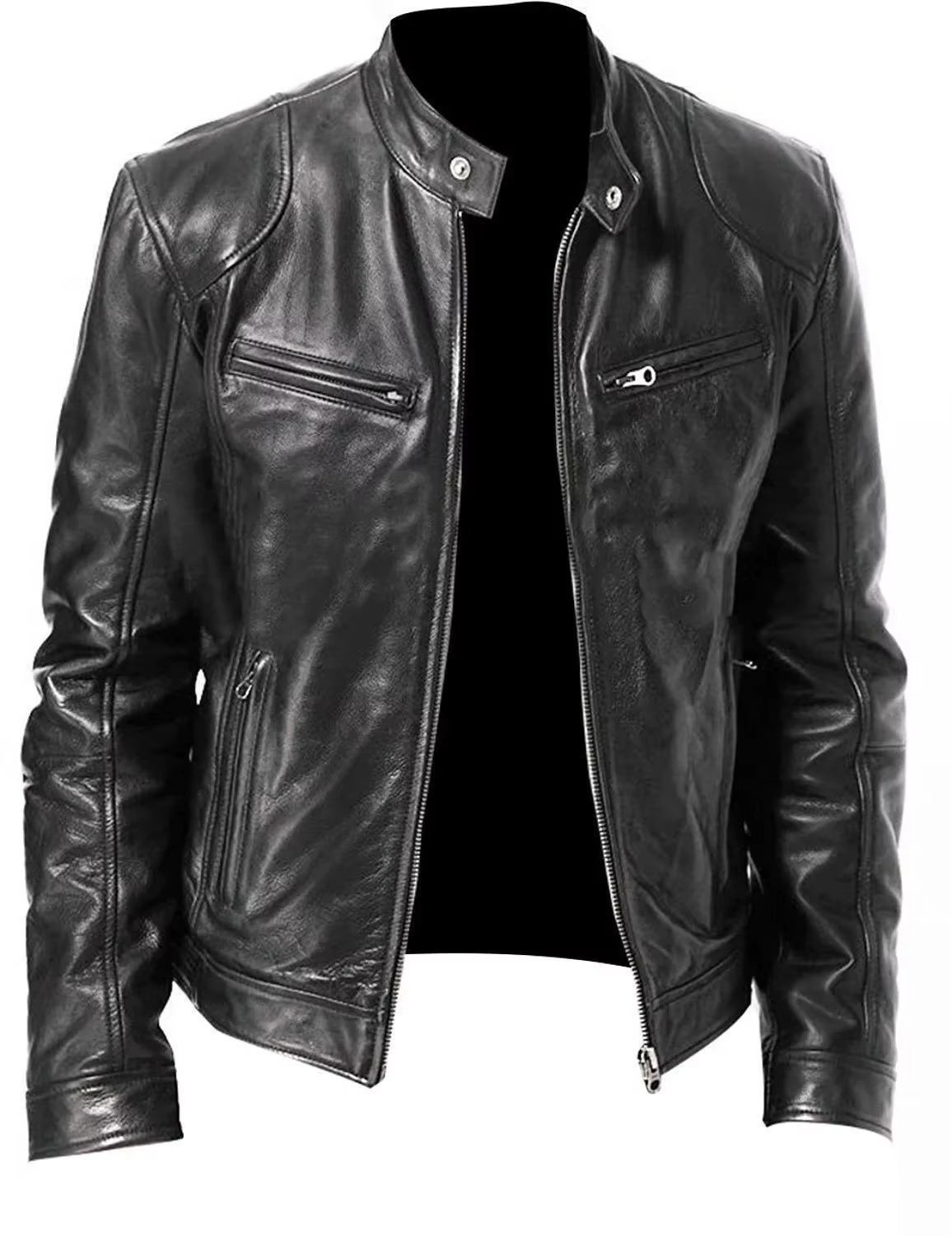 Men's black slim fit PU leather motorcycle jacket with wind-resistant stand collar