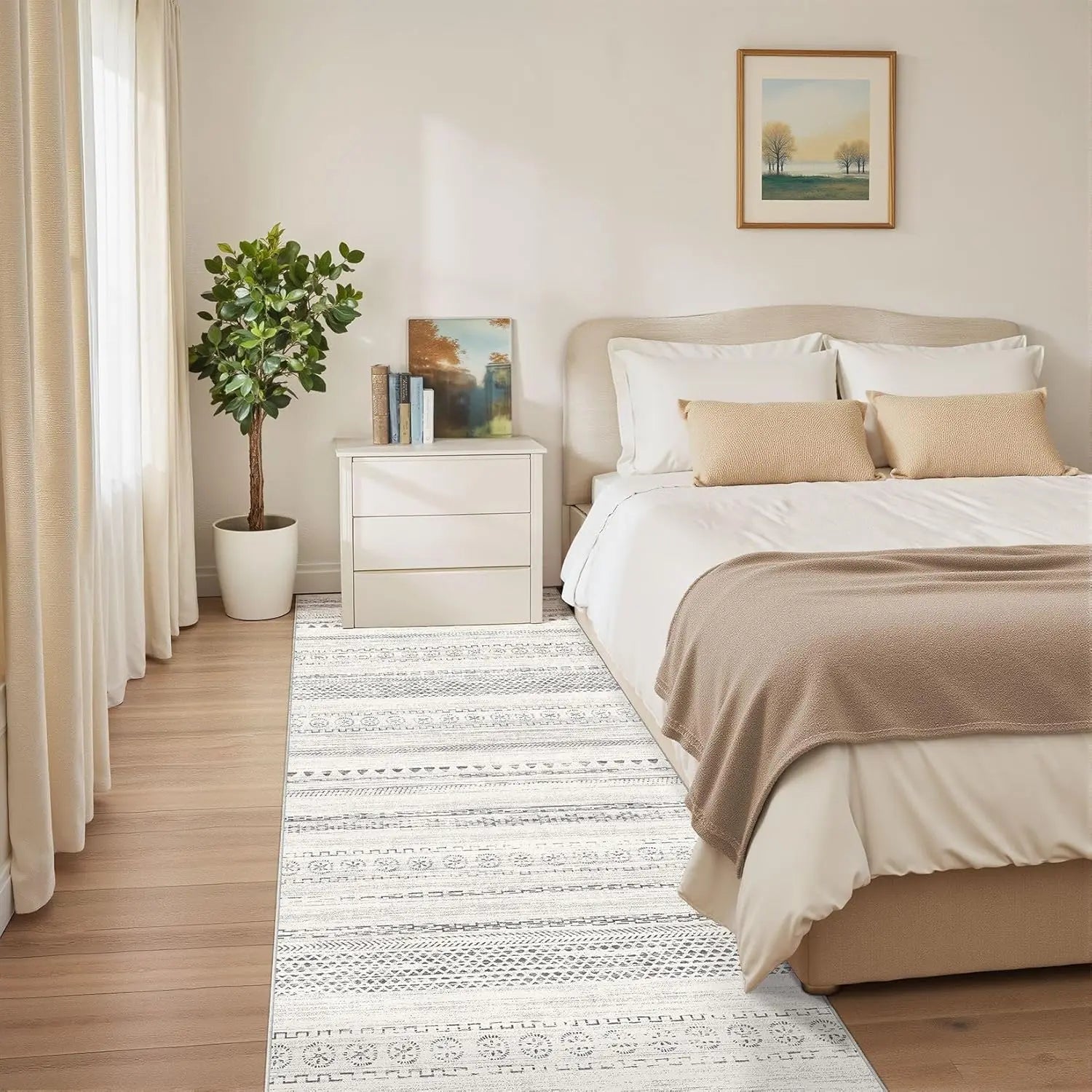 Washable Moroccan geometric boho farmhouse indoor rug, non-slip backing, ideal for bedrooms and dining areas