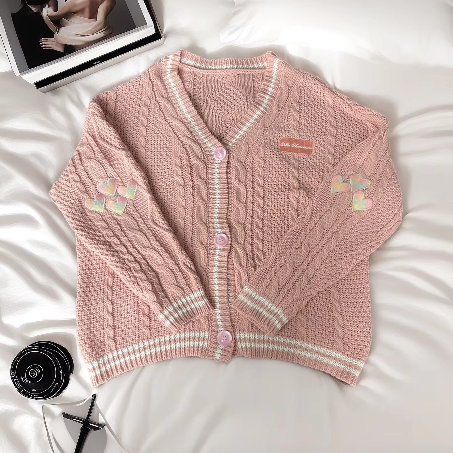 Women's autumn red maple leaf embroidered midweight knit cardigan with cozy seasonal charm