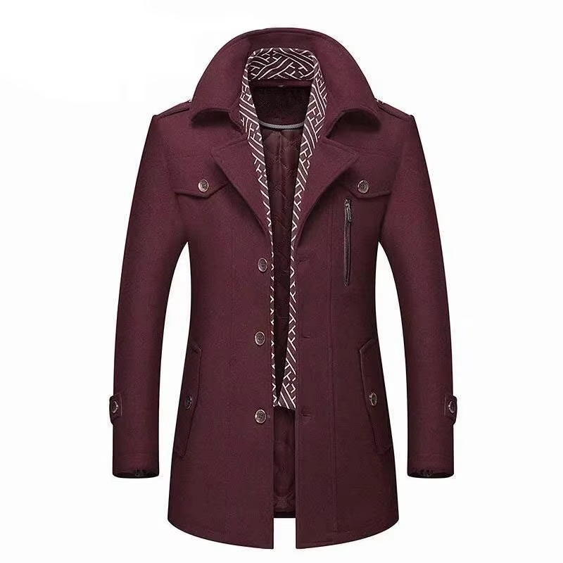 Men's gray wool blend mid-length winter overcoat with padded insulation and scarf collar