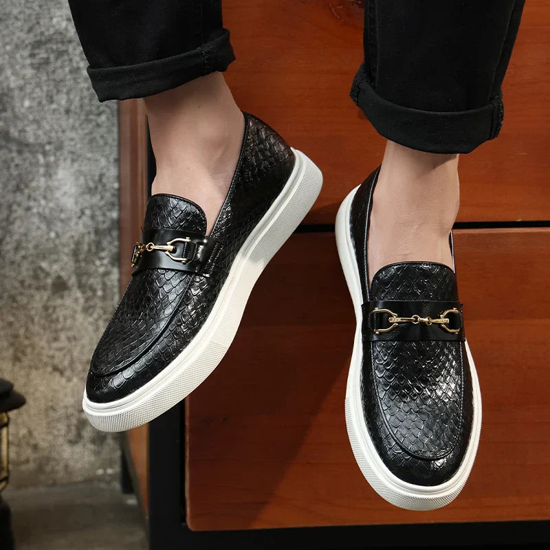 Men's vegan leather embossed loafers with gold horsebit buckle and white sole, slip-on dress style