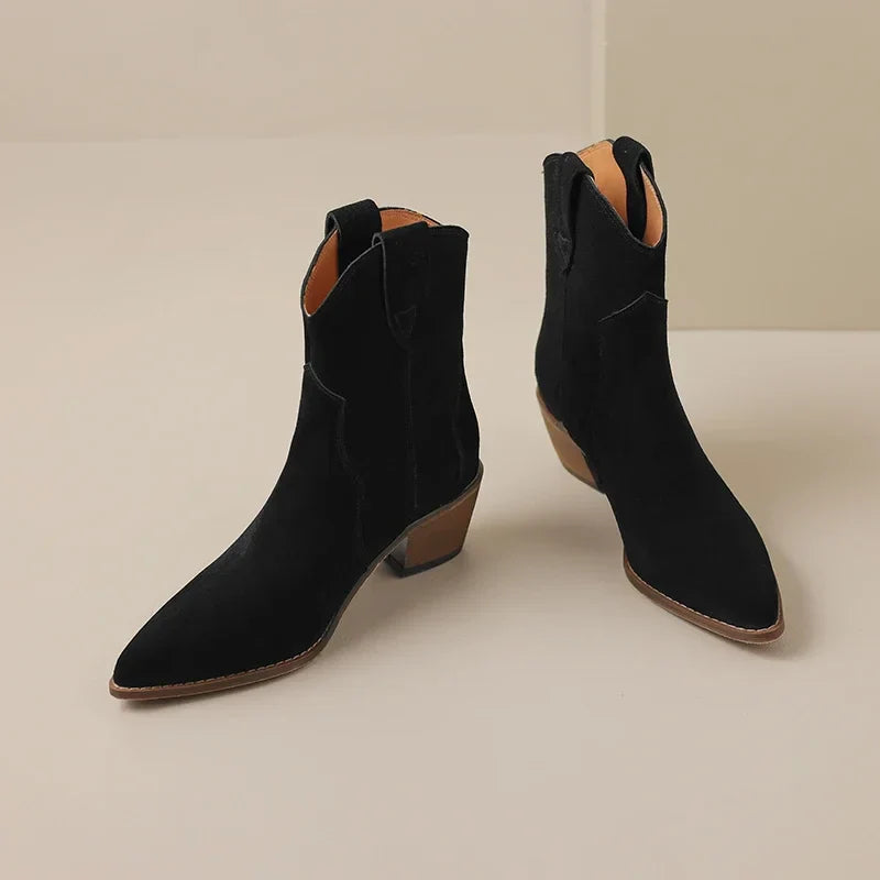 Women's faux suede western ankle boots pointed toe block heel pull-on cowboy style