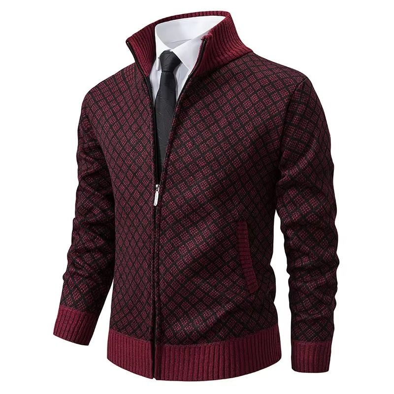 Men's lightweight knitted zip-up cardigan sweater with stand collar, casual versatile everyday style