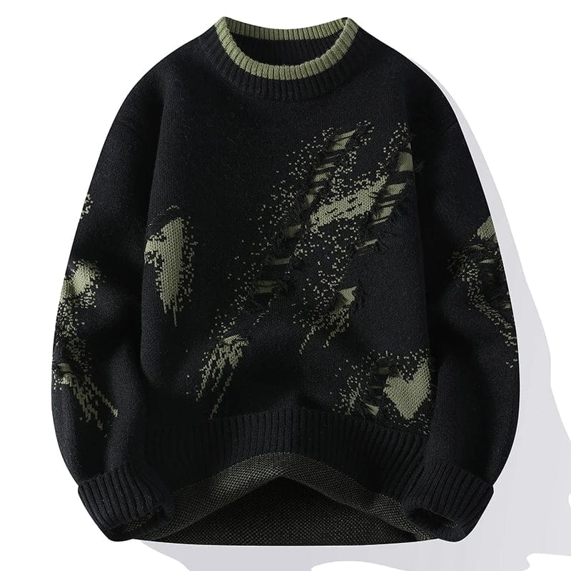 Men's abstract textured knit sweater, relaxed crewneck pullover with raised pattern and ribbed detailing