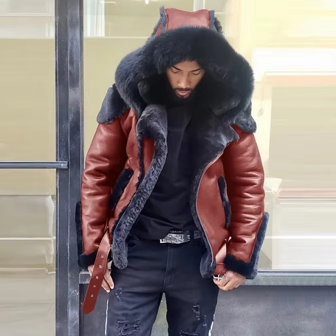 Men's black heavyweight winter leather jacket with faux fur collar and wool lining for extreme cold