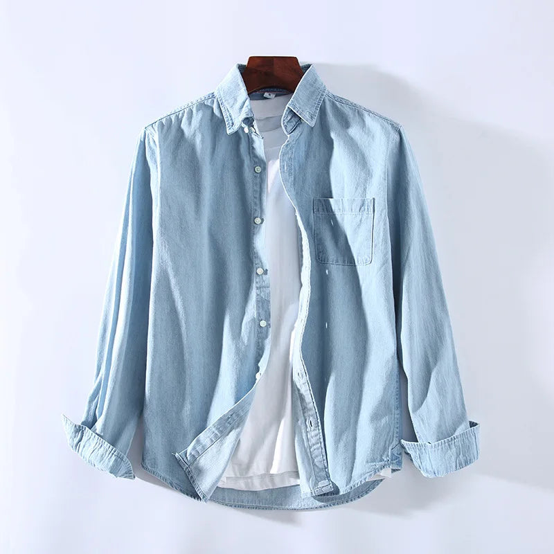 Vaden unisex light blue cotton denim shirt relaxed fit with classic button-front closure