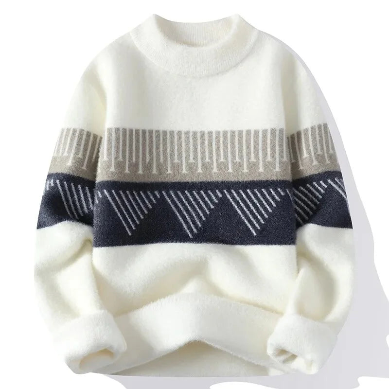 Cream and navy geometric pattern unisex crew neck knit sweater with Nordic-inspired minimalist motif