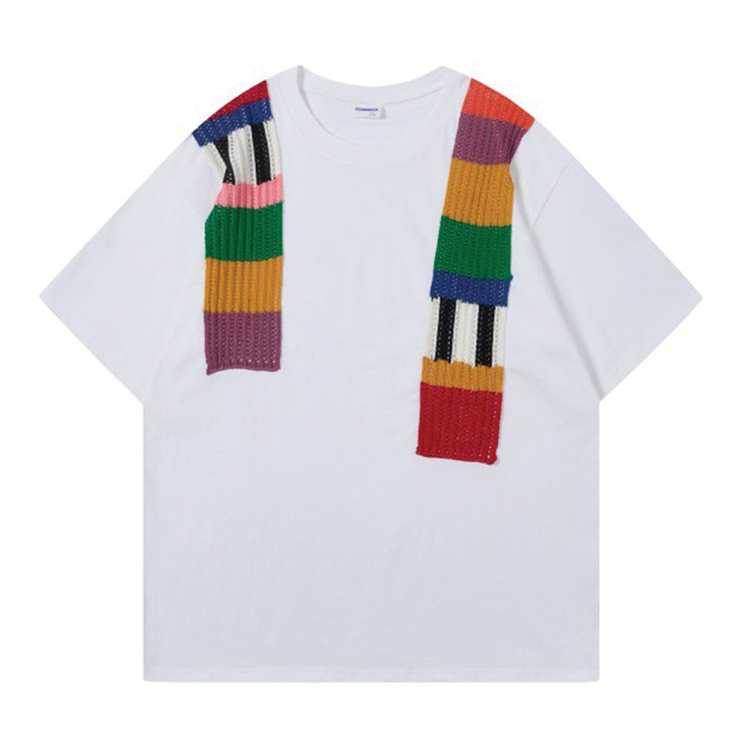 Black loose cotton tricot knit tee with crocheted color panel accents for women