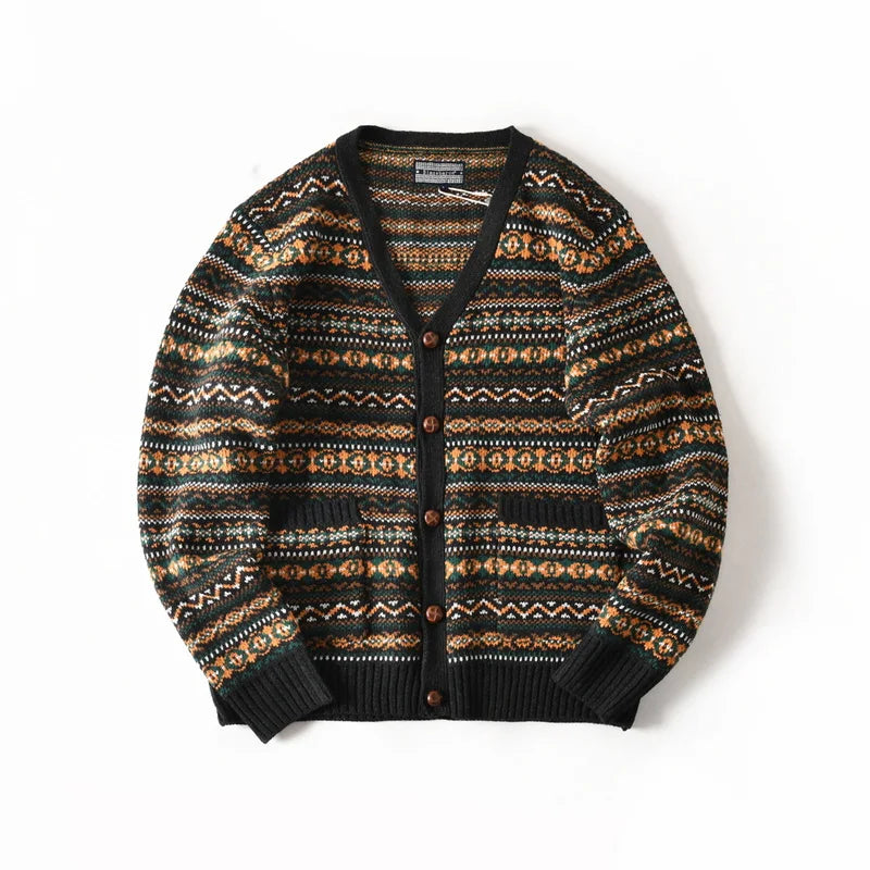 Earthy toned geometric patterned knit cardigan relaxed button-down fit retro vintage style