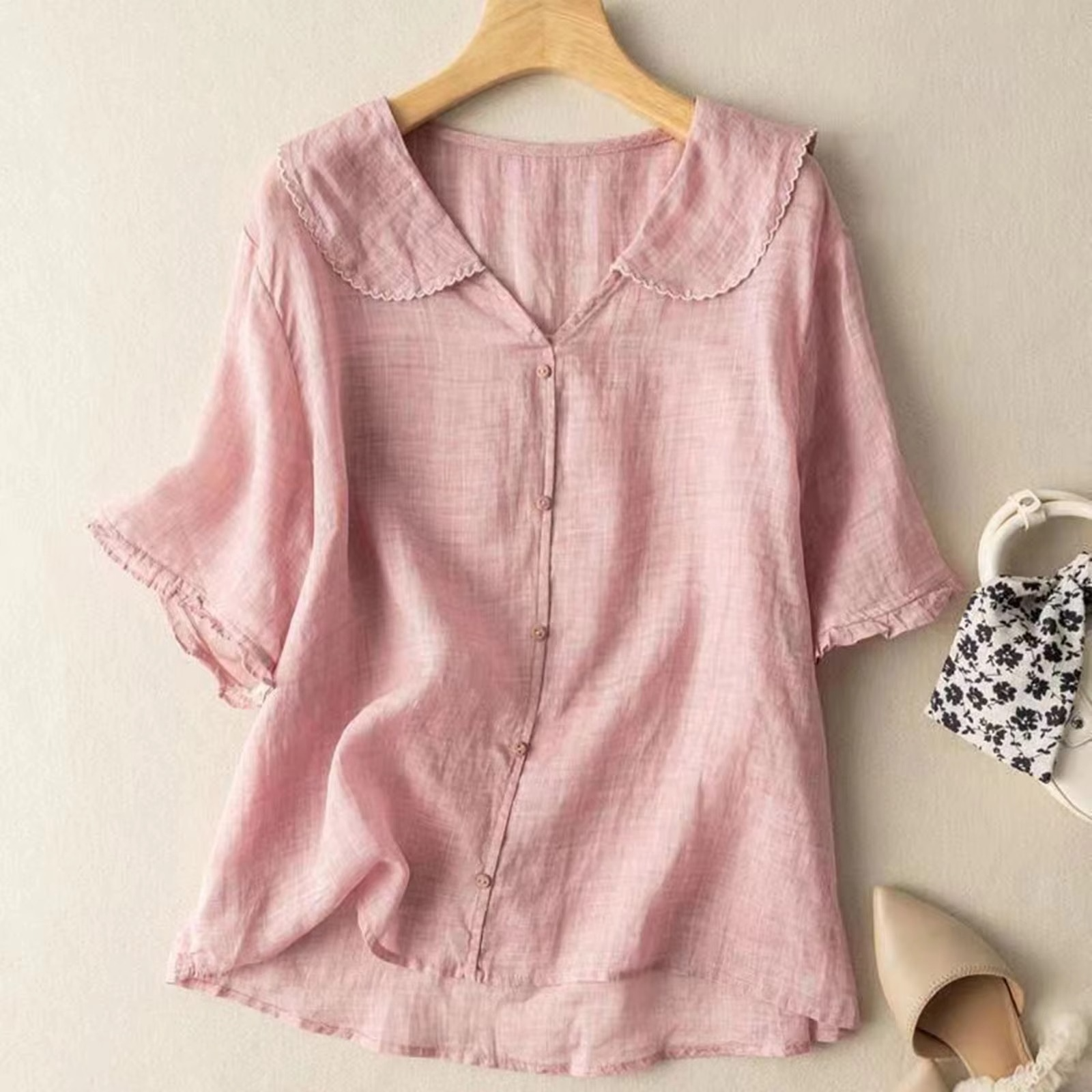 Women's relaxed cotton-linen blend long sleeve button-down shirt with breathable everyday comfort