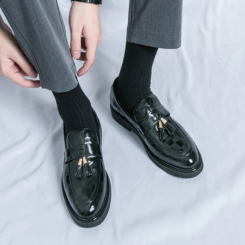 Lorenzo brown genuine leather tassel loafers high-gloss embossed finish professional dress shoes