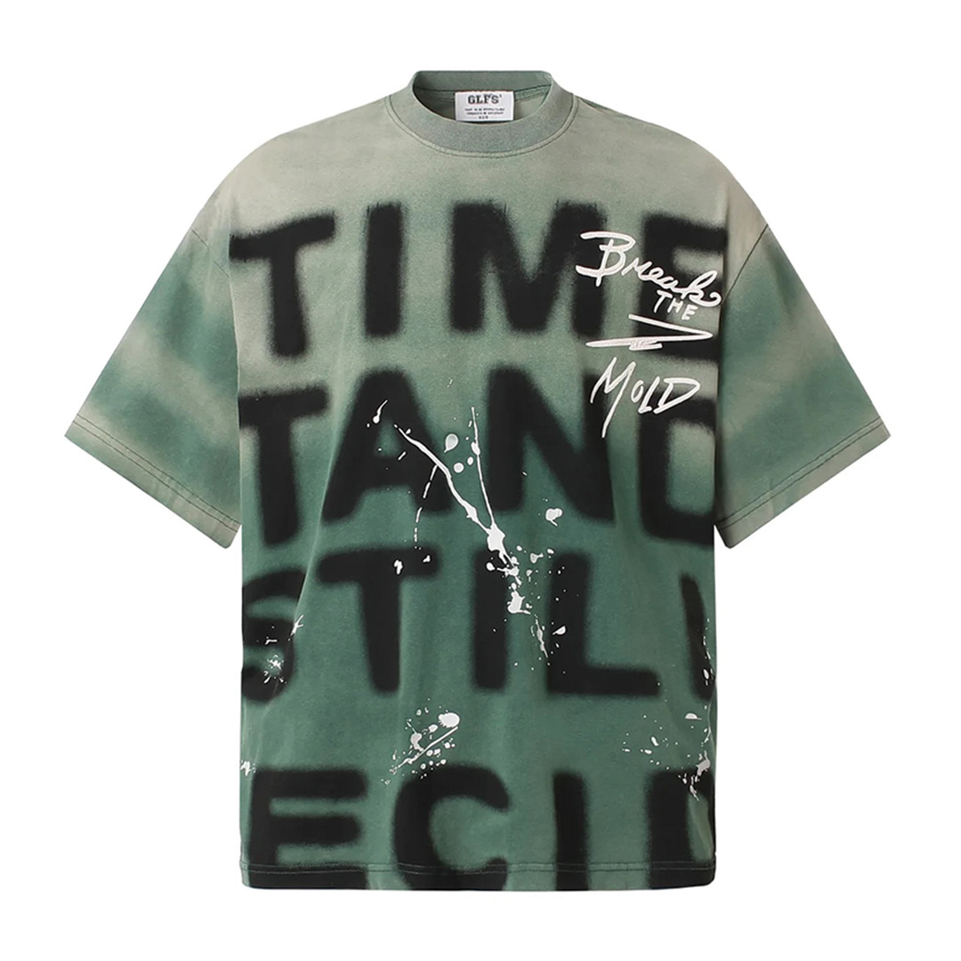 White loose fit graphic tee with bold paint splatter print and O-neck for everyday cool style