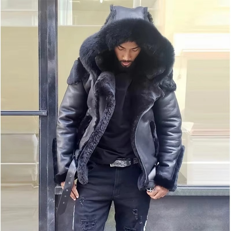 Men's black heavyweight leather jacket with faux fur collar and wool lining, slim winter outerwear