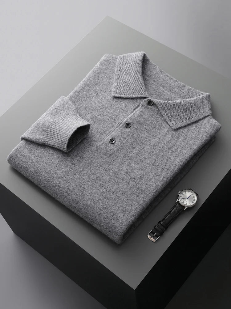 Men's merino wool polo shirt long sleeve tieless collar ribbed cuffs breathable classic fit