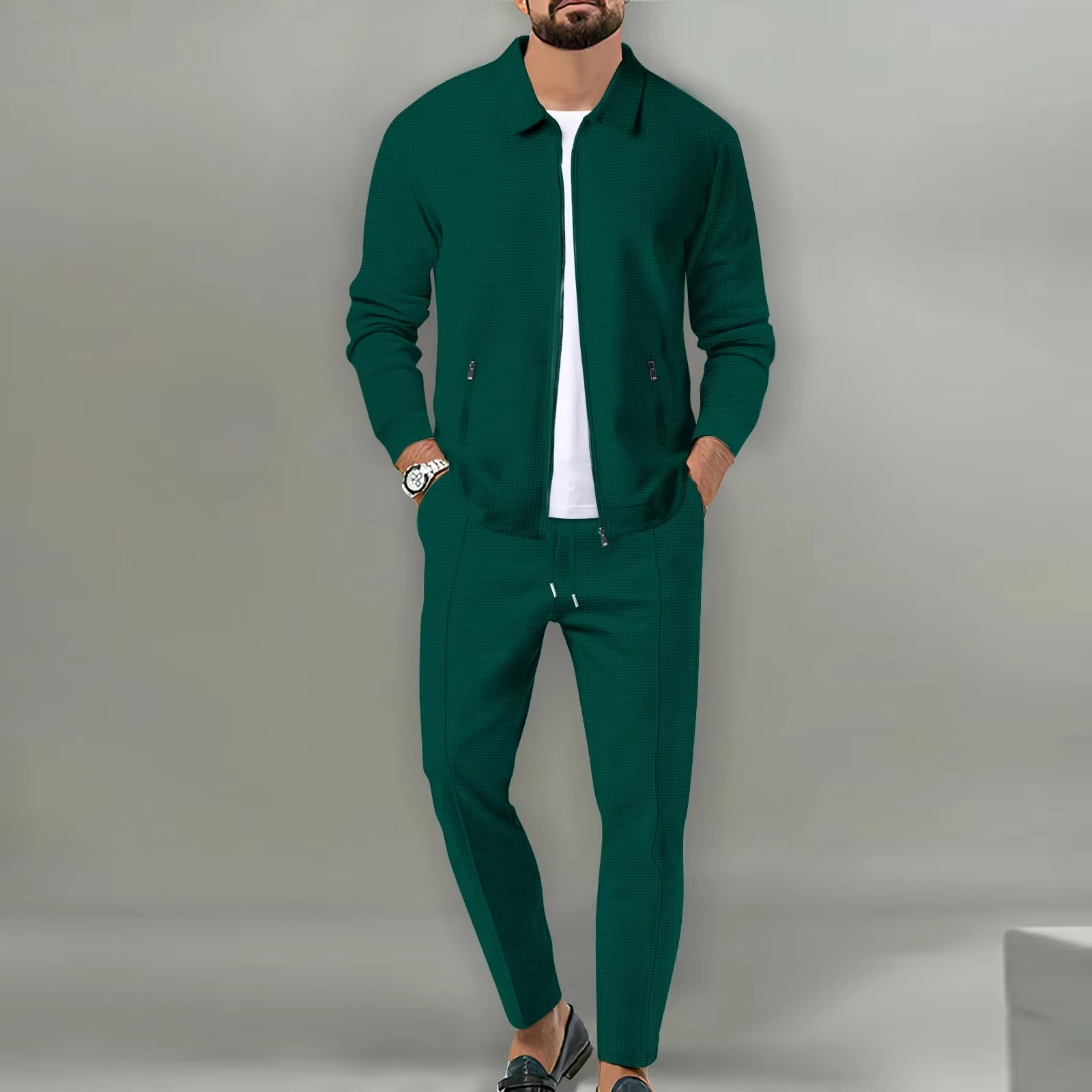 Men's two-piece polo jacket set with matching drawstring pants, long sleeve coordinated casual outfit