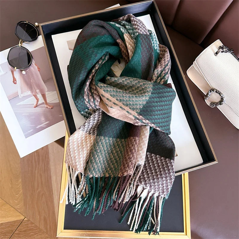 Women's plaid rectangular scarf with elegant tasseled fringed edges, long wrap silhouette