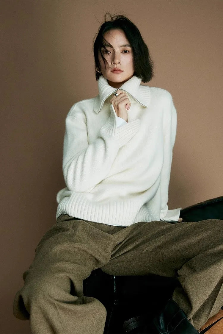 Women's loose fit 100% wool high neck half-zip sweater in luxe neutral tone