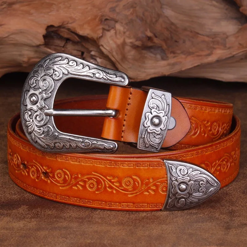 Men's brown genuine cowhide leather western belt with embossed detailing and steel buckle