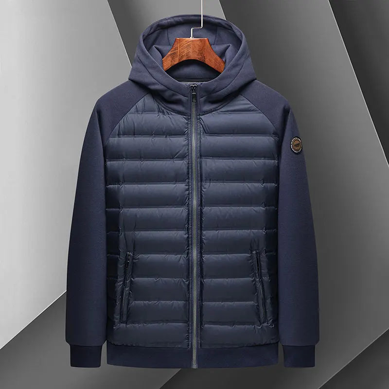 Lightweight insulated hoodie ribbed synthetic body with fluffy down underlay for active outdoor layering